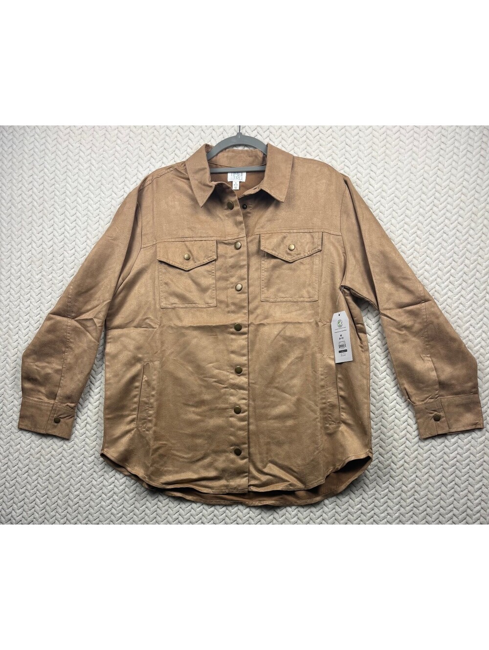 Time and Tru Women's Elevated Shacket Medium Tan Faux Suede Button-Up Shirt